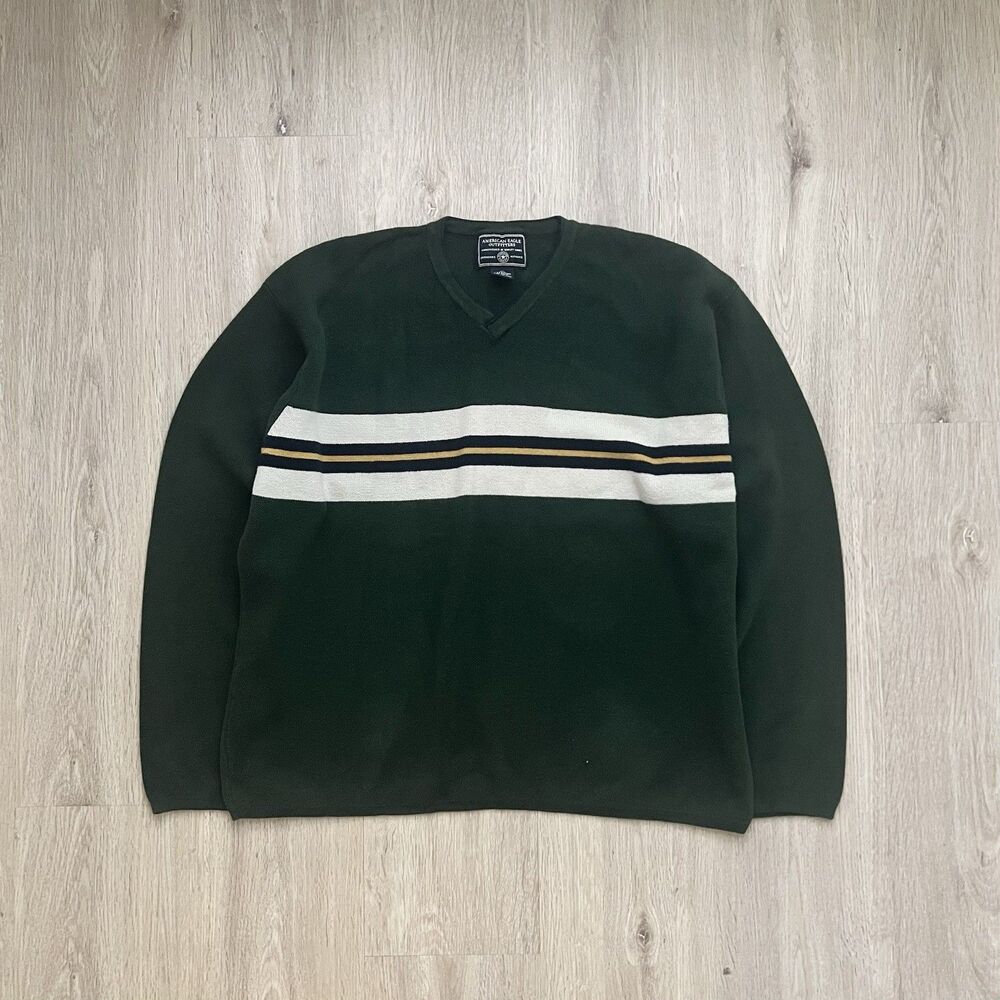 Vintage Y2K American Eagle Sweater Mens Large Green Striped Cotton V Neck